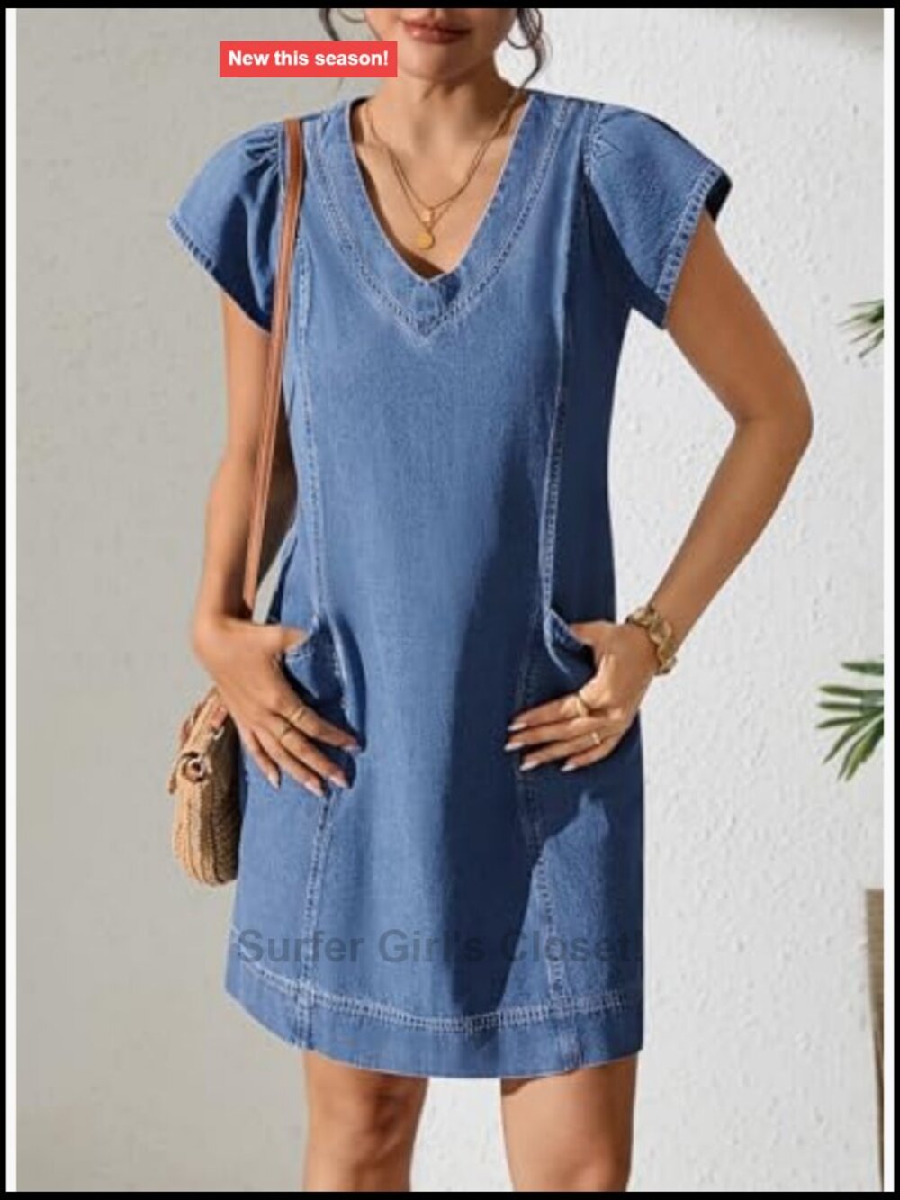 Short Sleeve V Neck Loose Denim Dress with Pockets Casual - Picture 2 of 7